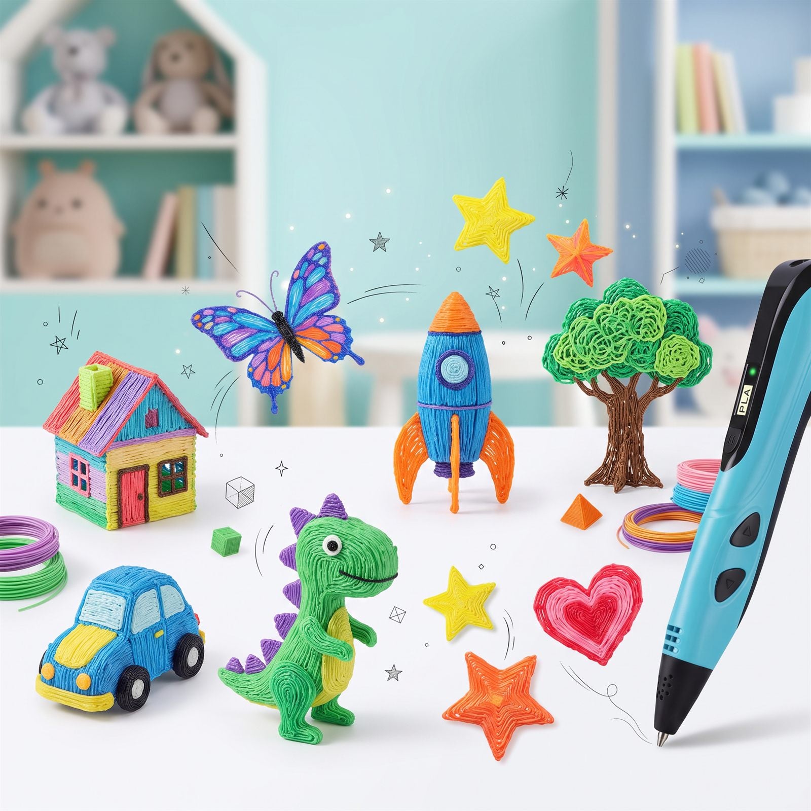 A dinosaur, rocket, house, car and butterfly made with the pen