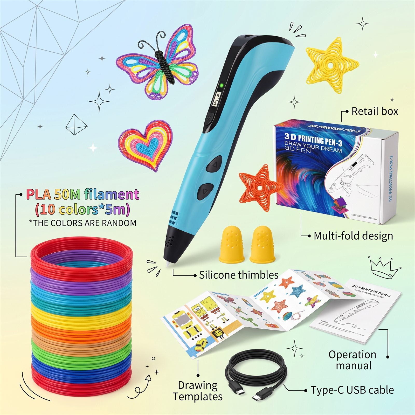 Everything included: the 3D pen, 50 m of PLA filament in 10 colors, silicone thimbles, drawing templates, operation manual, USB-C cable and retail box