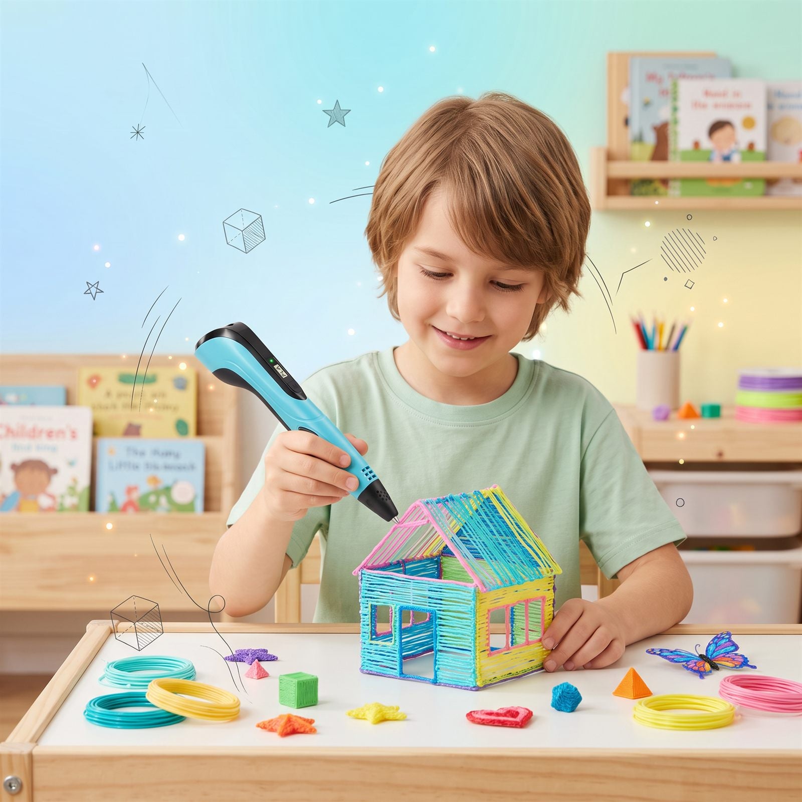 A child drawing a 3D house with the Growing Sparks pen