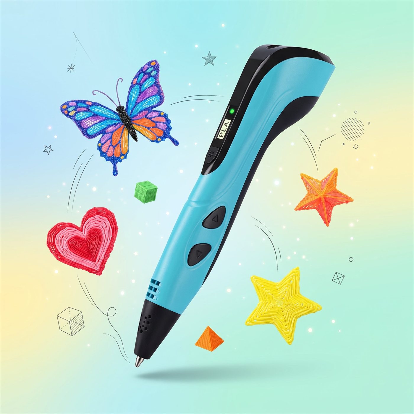 Growing Sparks 3D pen for kids surrounded by colorful 3D creations